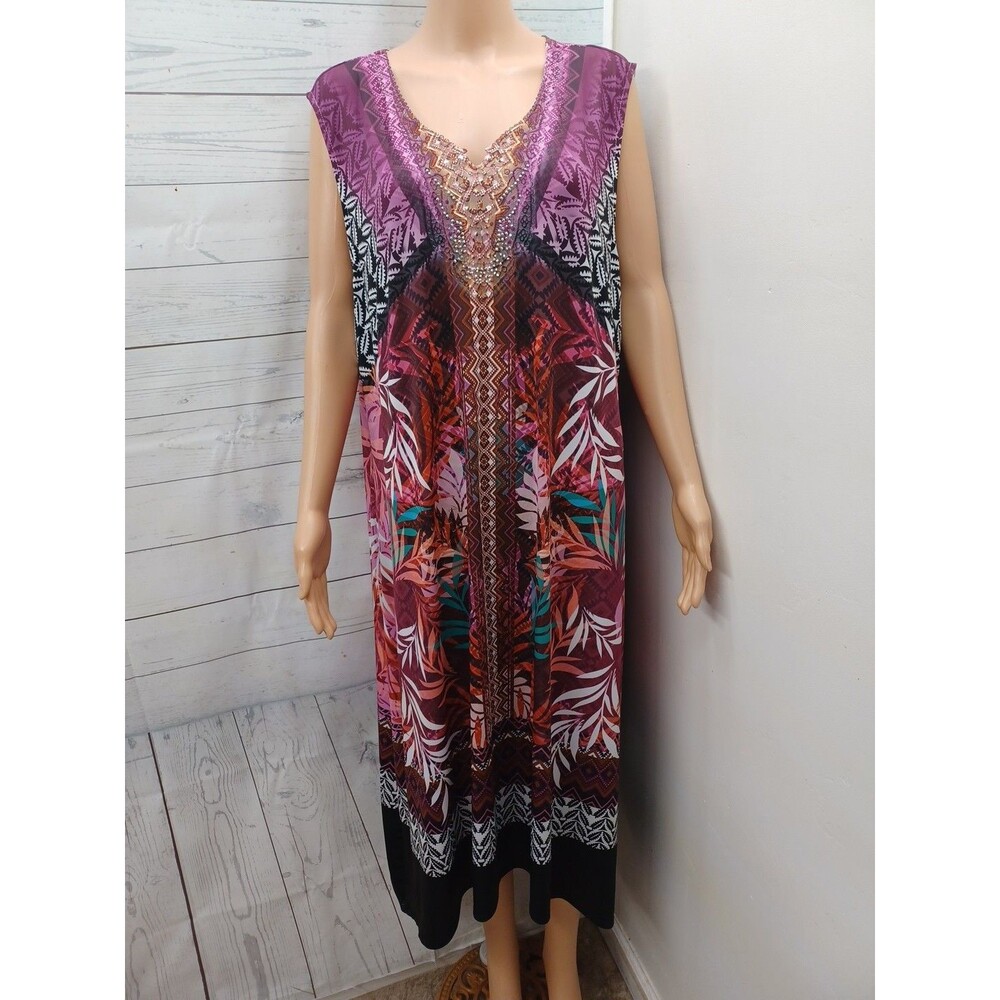 CJ Banks Maxi Dress Womens 2X Pink Black Hawaiian Stretchy Pull Over Geometric